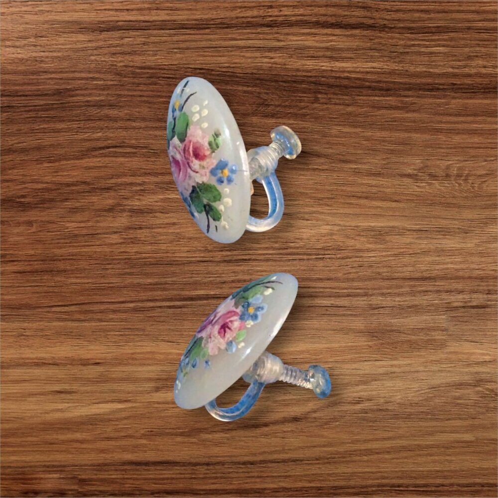 Vintage Floral Clip-On Earrings With Hand-Painted Roses & Screw‎ Backs